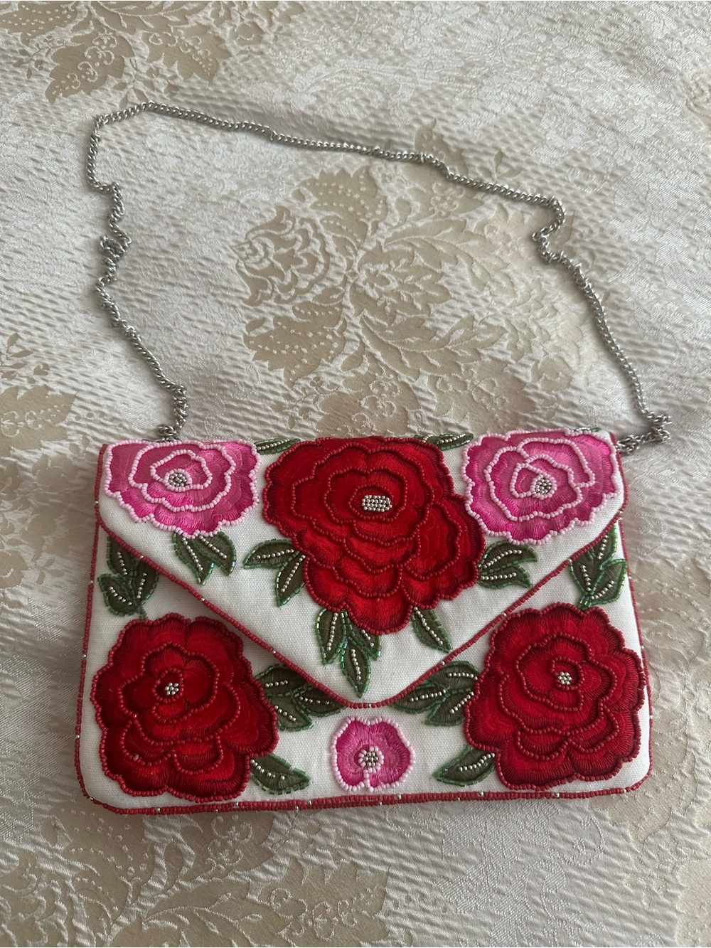 Floral hand  Embroidered beaded Envelope Clutch - Red & Pink